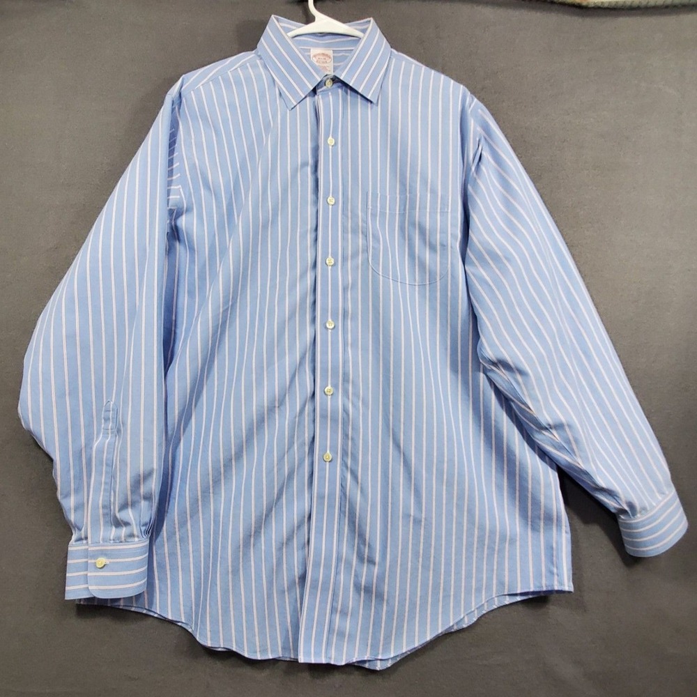 Brooks Brothers Button Down Shirt Mens 16.5-35 Blue Striped Cotton Spot